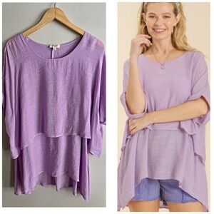 Umgee Lavender Layered Tunic Top Boho relaxed Flowing Sheer Blouse Size Small